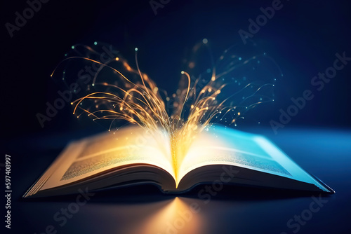  magic book with golden and blue digital rays, particles and glowing on black background, education, study, science and future technology, generative ai