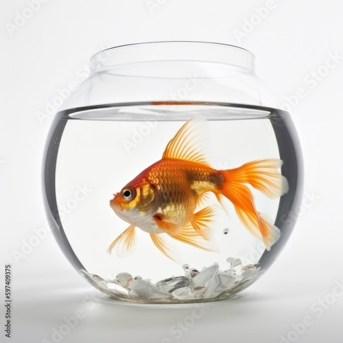 Peaceful goldfish swimming in a clear glass bowl, bringing relaxation to any space. AI Generative.
