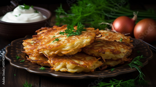 Deruny, Ukrainian potato pancakes. Generative AI image
