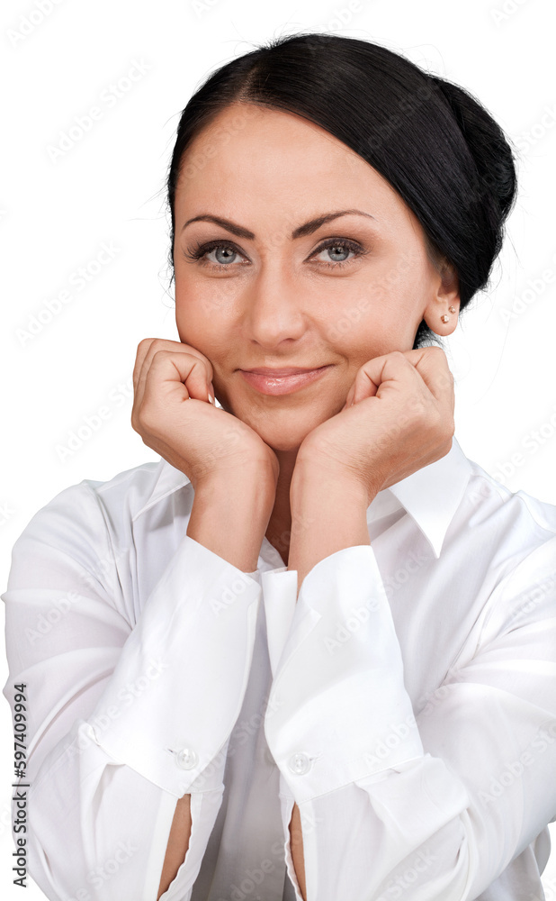 Friendly Woman with Head Resting on Fists - Isolated Friendly Woman with Head Resting on Fists - Isolated