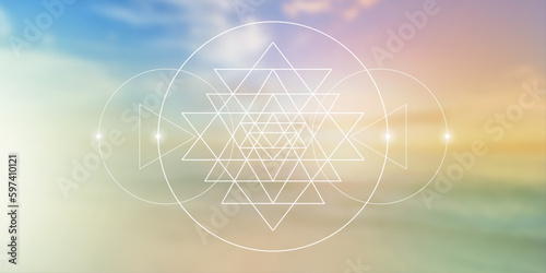 Sri Yantra. Sacred geometry spiritual new age futuristic illustration with transmutation interlocking circles, triangles and glowing particles