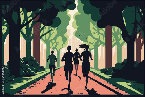 People go jogging in the park. People go in for sports. HLS. Vector flat illustration.