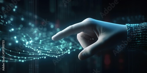 Big data technology and data science and human touch data flow on virtual screen. Data scientist analyzing visualization dataset on virtual screen, business analysis, artificial intelligence, machine 