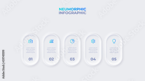 Light neumorphic rounded elements placed in horizontal row. Infographic design template with 5 options, steps ot processes