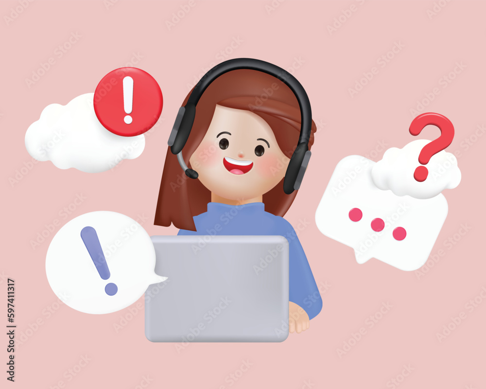 Woman with headphones and microphone working on laptop computer. Customer support website. Concept illustration for support, assistance, call center. 3D Cartoon minimal style. Woman with headphones and microphone working on laptop computer. Customer support website. Concept illustration for support, assistance, call center. 3D Cartoon minimal style.