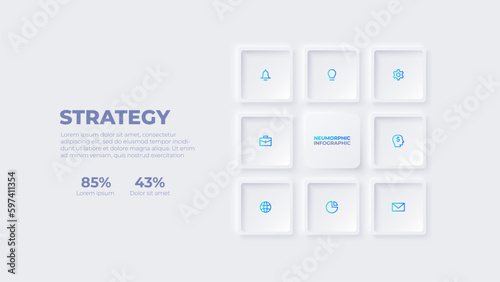 Nine light neumorphic squares. Slide for business presentation. Infographic template