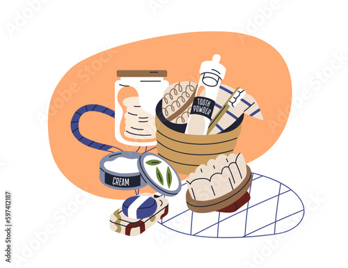 Eco cosmetic for bathroom. Organic sustainable bath products. Natural hygiene...