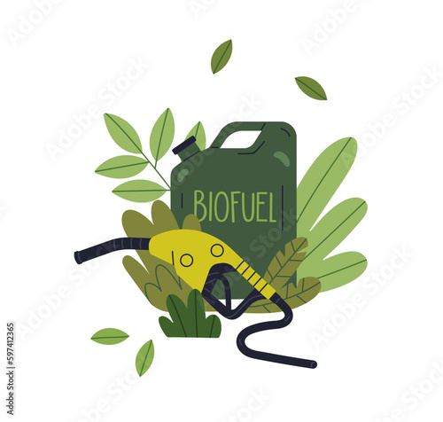 Biofuel, green renewable bio fuel, energy concept. Eco-friendly natural sustainable biogas canister and pistol, hose for car, auto. Flat graphic vector illustration isolated on white background