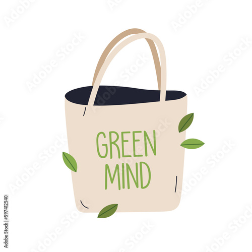Eco-friendly tote bag, fabric shopper. Reusable canvas totebag with handles from natural textile. Green mind, life and shopping concept. Flat vector illustration isolated on white background