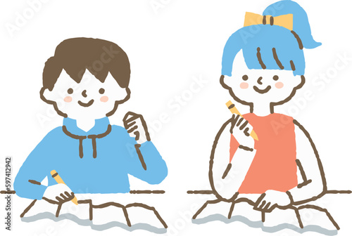 一緒に勉強をしている姉弟_色