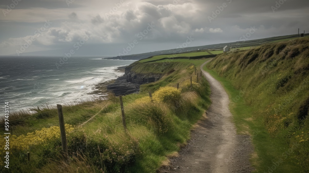 Stunning Irish Coastal Road, Panoramic Scenery, Dramatic Terrain, Atlantic Ocean Vistas, Idyllic Oceanfront Adventure, Generative AI Illustration