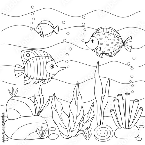 Kids coloring book with underwater world of fish algae. Black outline sketch with simple shapes.