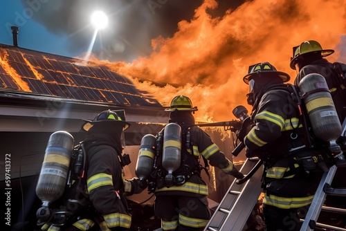 Firemen putting out a house fire, with solar panels on the roof in flames. Generative Ai