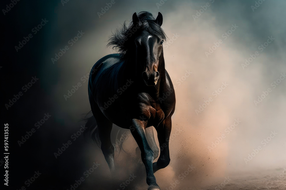 Black stallion run on desert dust against dramatic background.AI generated.