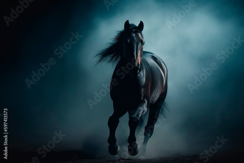 A black horse running while emanating a thick fog and dust.AI generated.