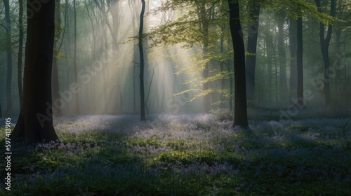 Magical Bluebell Forest, Dawn Mist, Soft Blue and Bronze Tones, Tranquil Forest Ambiance, Enchanting Springtime Splendor, Generative AI Illustration