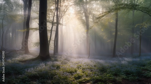 Magical Bluebell Forest  Dawn Mist  Soft Blue and Bronze Tones  Tranquil Forest Ambiance  Enchanting Springtime Splendor  Generative AI Illustration