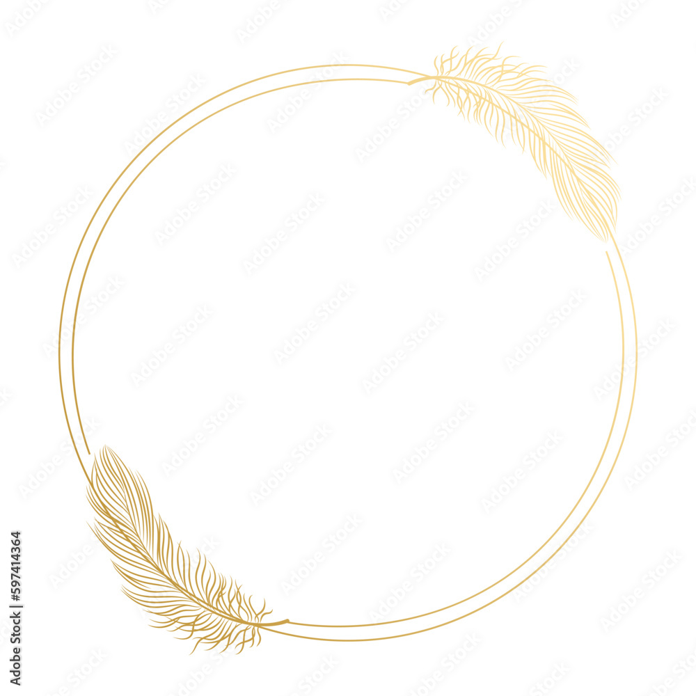 Golden luxury frame with bird feathers isolated on white background. Design for invitations, cards, vector - obrazy, fototapety, plakaty 