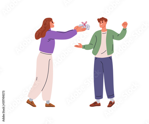 Happy woman holding festive gift box, presenting surprise to glad man. Girlfriend and boyfriend, love couple with wrapped holiday giftbox. Flat vector illustration isolated on white background