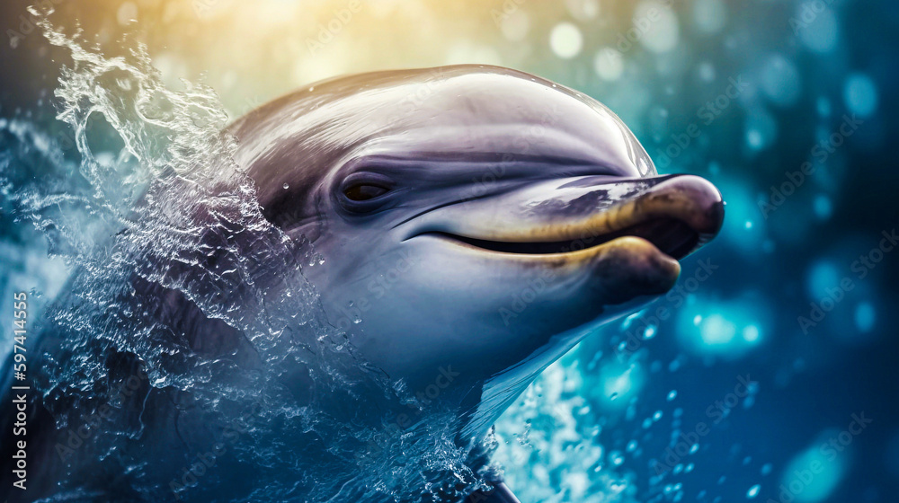 Fototapeta premium A cute dolphin jumps on the surface of the sea. World photography day