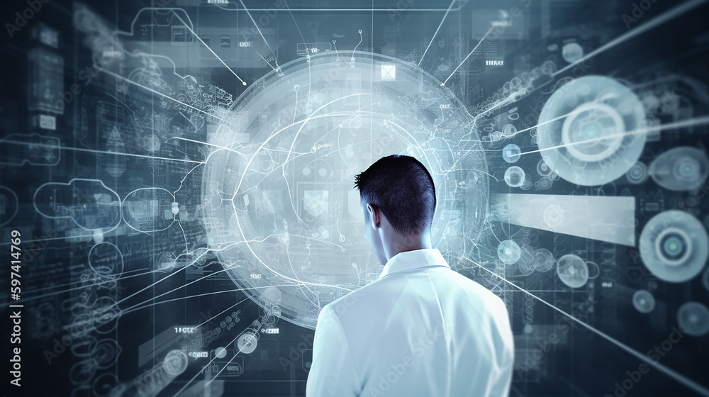 Doctor with virtual documents healthcare network connection concept, generative A Doctor with virtual documents healthcare network connection concept, generative A