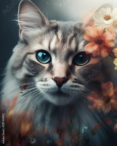 Beautuful portrait of a cat with flowers. Geaneartive Ai