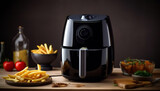 Black air fryer or oil free fryer appliance on the wooden table. generative ai