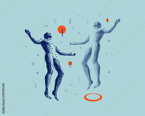 Leadership, freedom or development concept. Journey through time. Astral travel out of body. Reincarnation spiritual concept. Man in zero gravity. Composition in сoarse and fine style. Levitation act.