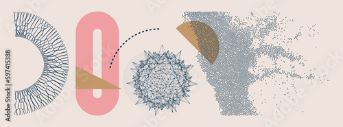 Art composition with geometric forms. Virus particle. Medical illustration. Sphere. Chaotic concentration and dispersion of small particles. Cover design template for brochure, poster or banner.