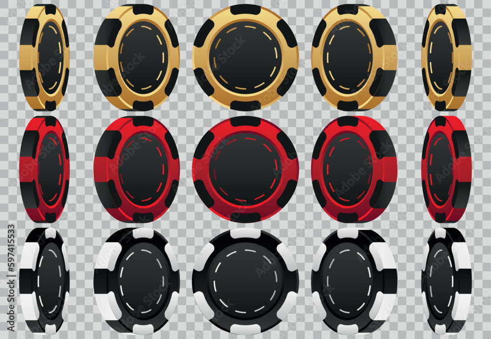 Set of 3d gold, black and red poker chips, token with shadow on