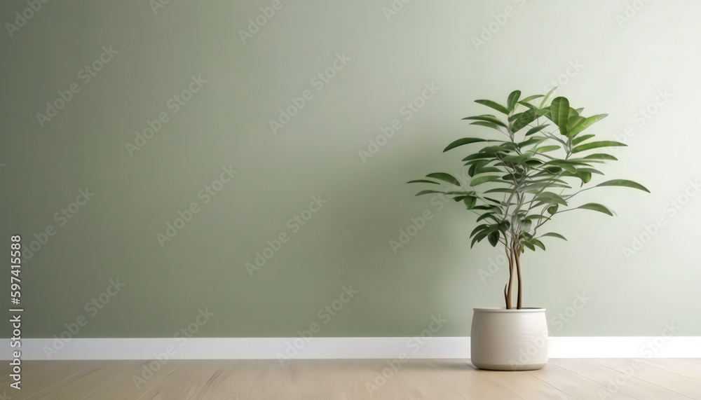 Blank sage green wall in house with green tropical tree in white modern design pot, baseboard on wooden parquet in sunlight for luxury interior design. Generative ai.