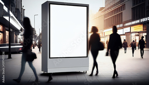 Vertical blank white billboard at bus stop on city street. Mock up billboard for advertising, promotion and marketing of products. Generative ai.