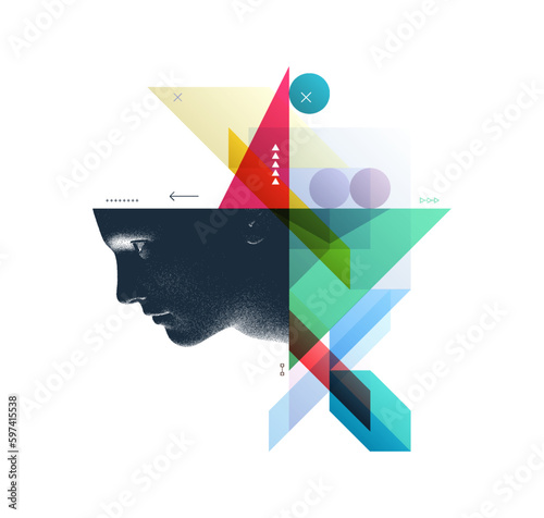 Art composition. Abstract transparency geometrical background. Digital human head constructing from dots. Cover design template for presentation, banner, flyer, poster or brochure. 3D vector.