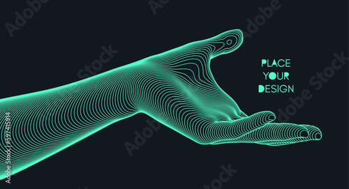 Extended male hand open and ready to help. Human arm giving. Connection structure. 3D vector illustration with empty place. Can be used for brochure, poster, presentation, flyer or banner.