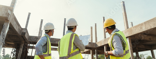 Building Project with Civil Engineer, Contractor and Architect check blueprint and discussing plan details.