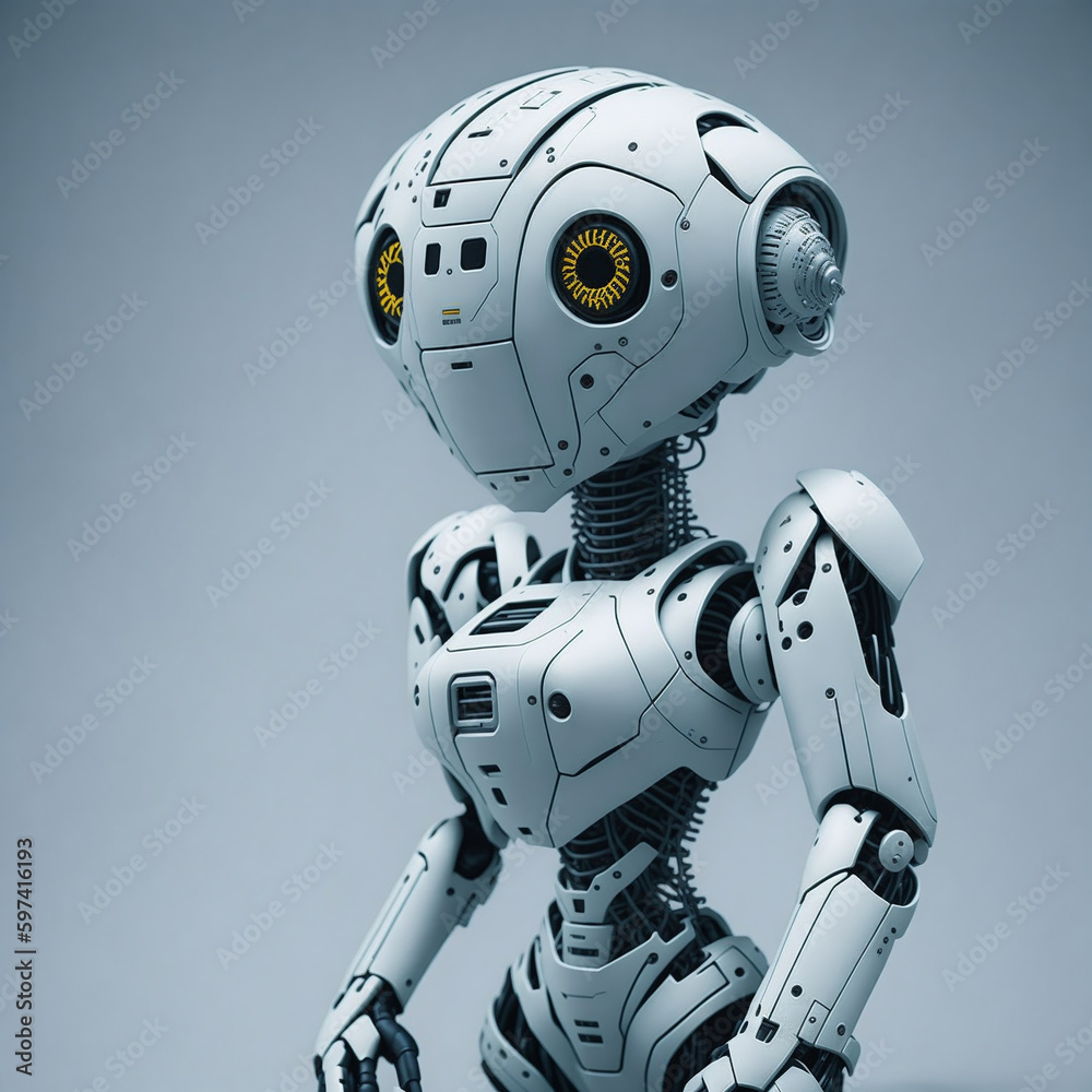 White Robot woman with smiling face, created with Generative AI technology White Robot woman with smiling face, created with Generative AI technology