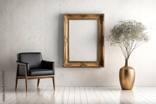 Wooden frame  armchair on white wall and vase with dry gypsophila