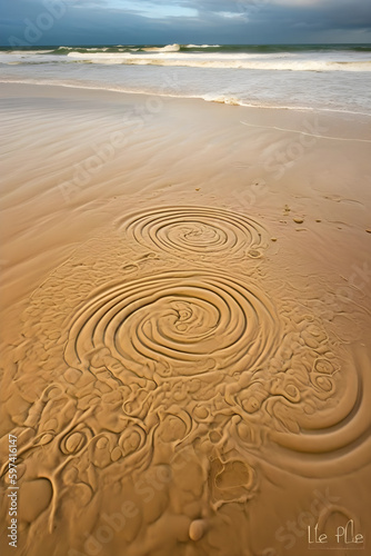 tide-swirled sand portraits, fleeting artistic masterpieces created by the sea's whimsical brush, spontaneous moments captured in sand's embrace, abstract shoreline gallery, natural se AI generated.