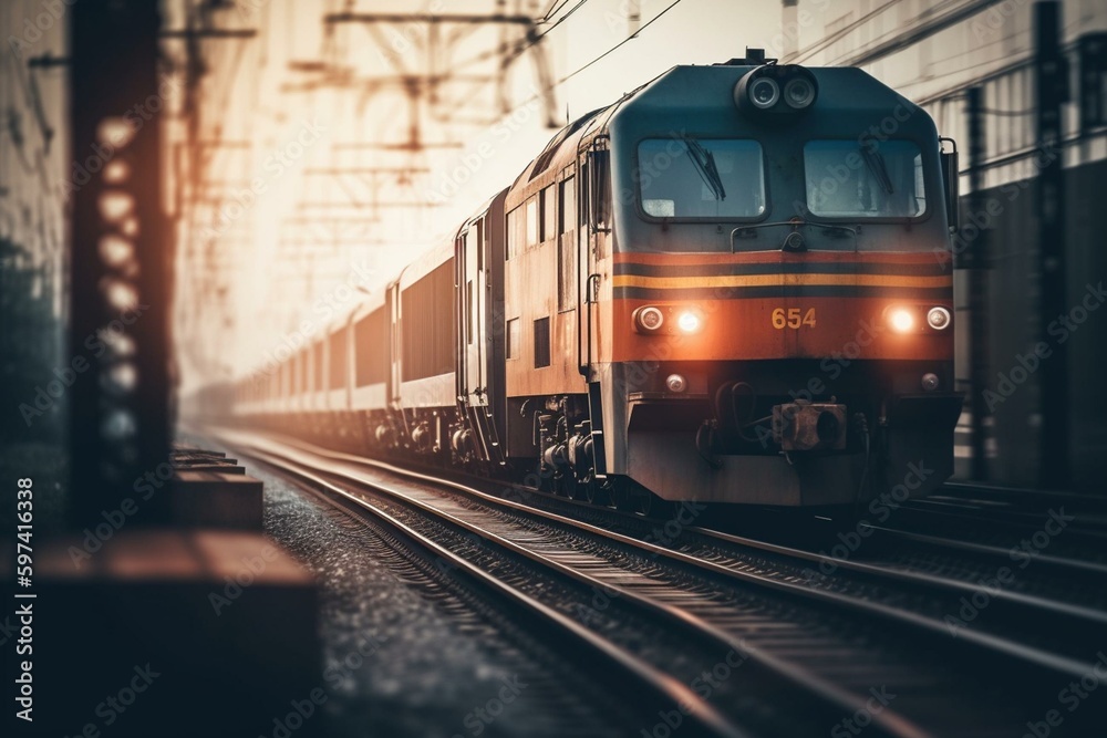 A hazy photo of a fast train on tracks. Generative AI