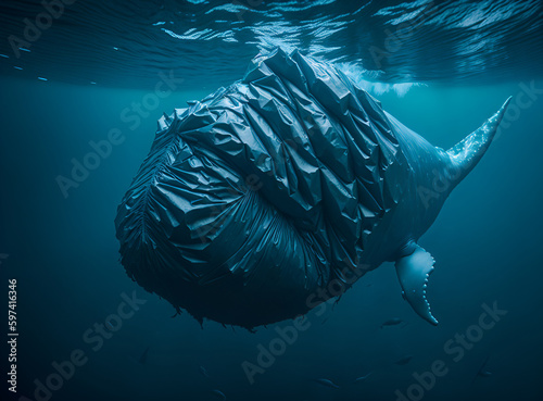 Fish of garbage bags in the ocean environmental pollution, created with Generative AI technology