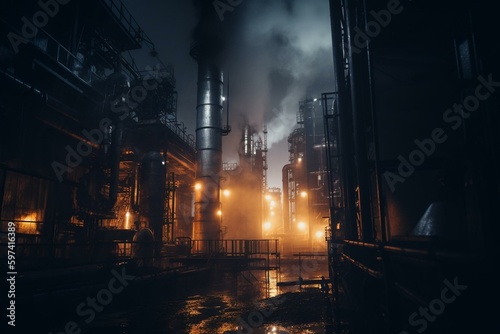 Factory-themed abstract background with smokestacks. Generative AI