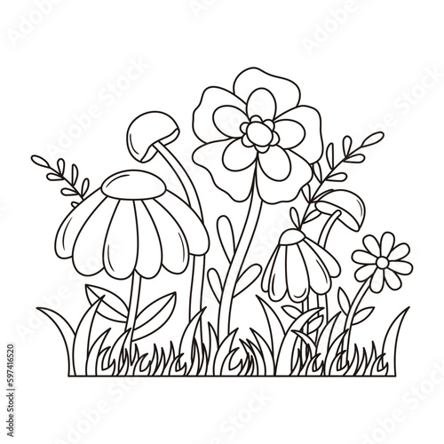 Contour groovy mushrooms and flowers illustration in 70s and 60s style. Vintage hippie line art landscape. Psychedelic seventies floral background. Vector coloring page. photo