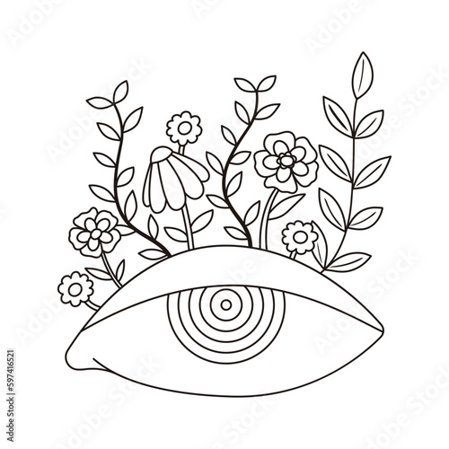 Contour groovy eye and flowers illustration in 70s and 60s style. Vintage hippie abstract line art. Psychedelic hypnosis concept. Vector coloring page.