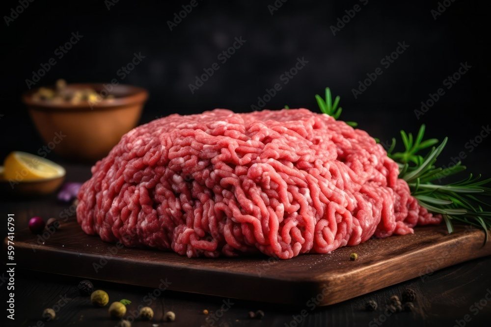 food background. Raw ground beef ready to be cooked on a wooden board with herbs. Generative AI food background. Raw ground beef ready to be cooked on a wooden board with herbs. Generative AI