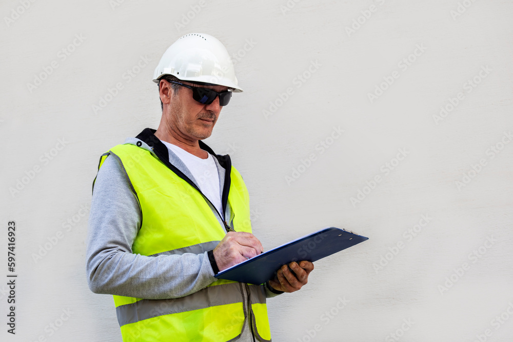 Man engineer or architect in black sunglasses in white safety helmet and yellow reflective vest is writing on clipboard against beige wall, industry and construction concept Man engineer or architect in black sunglasses in white safety helmet and yellow reflective vest is writing on clipboard against beige wall, industry and construction concept