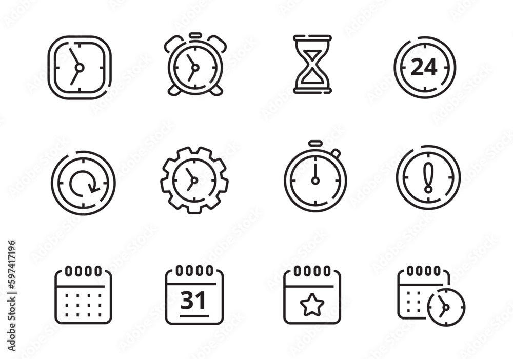 Set of time and calendar icons in line style isolated on white background Set of time and calendar icons in line style isolated on white background