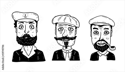 Sea Captain in hand-drawn style. Male character. Sketch and cartoon of man in cap with smoking pipe. Funny fisherman
