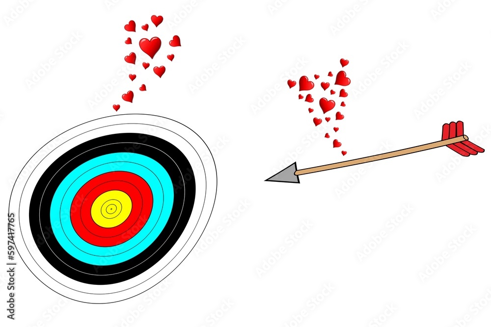 love at first sight, illustration of arrow, target, hearts on white background. love at first sight, illustration of arrow, target, hearts on white background.
