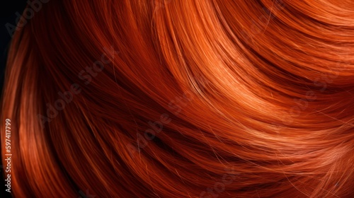 A closeup view of a bunch of shiny straight red hair in a wavy curved style. Generative AI