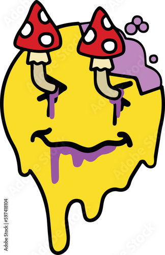 Acid smile face with brain. Melted rave and techno symbol of 90s. Crazy mushroom